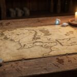 A parchment map with line-art geography lies on a wooden table. Glowing blue runestones and a lit candle in a small