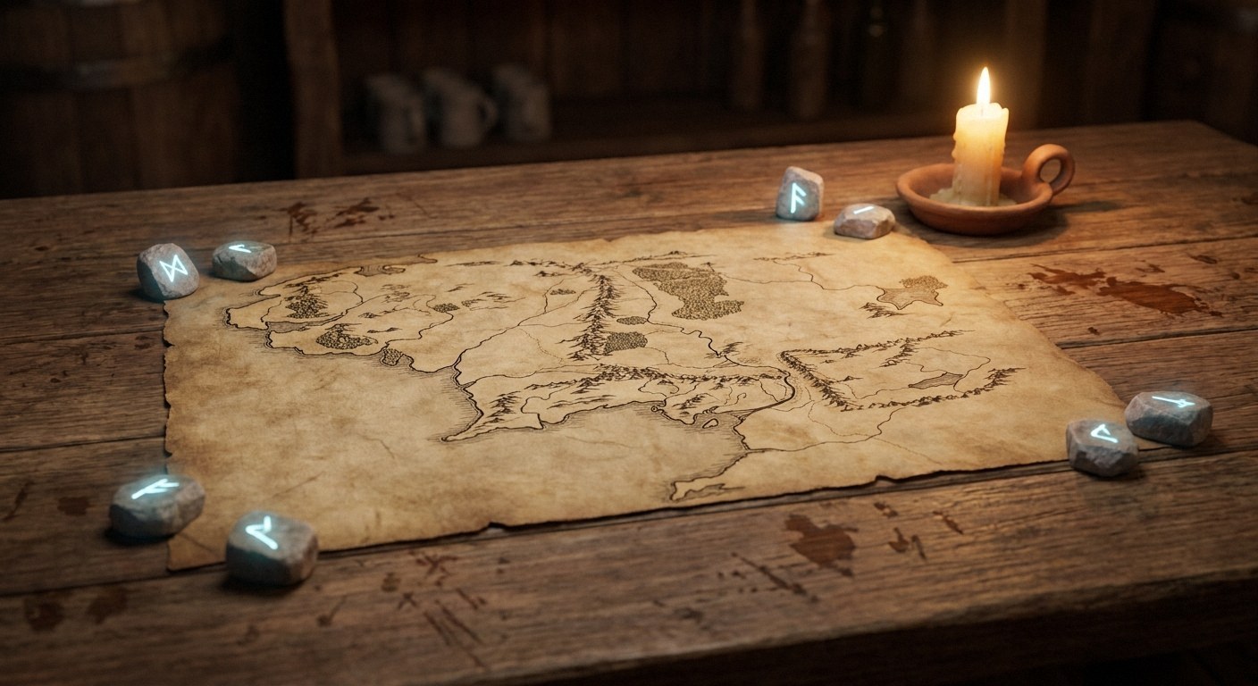 A parchment map with line-art geography lies on a wooden table. Glowing blue runestones and a lit candle in a small