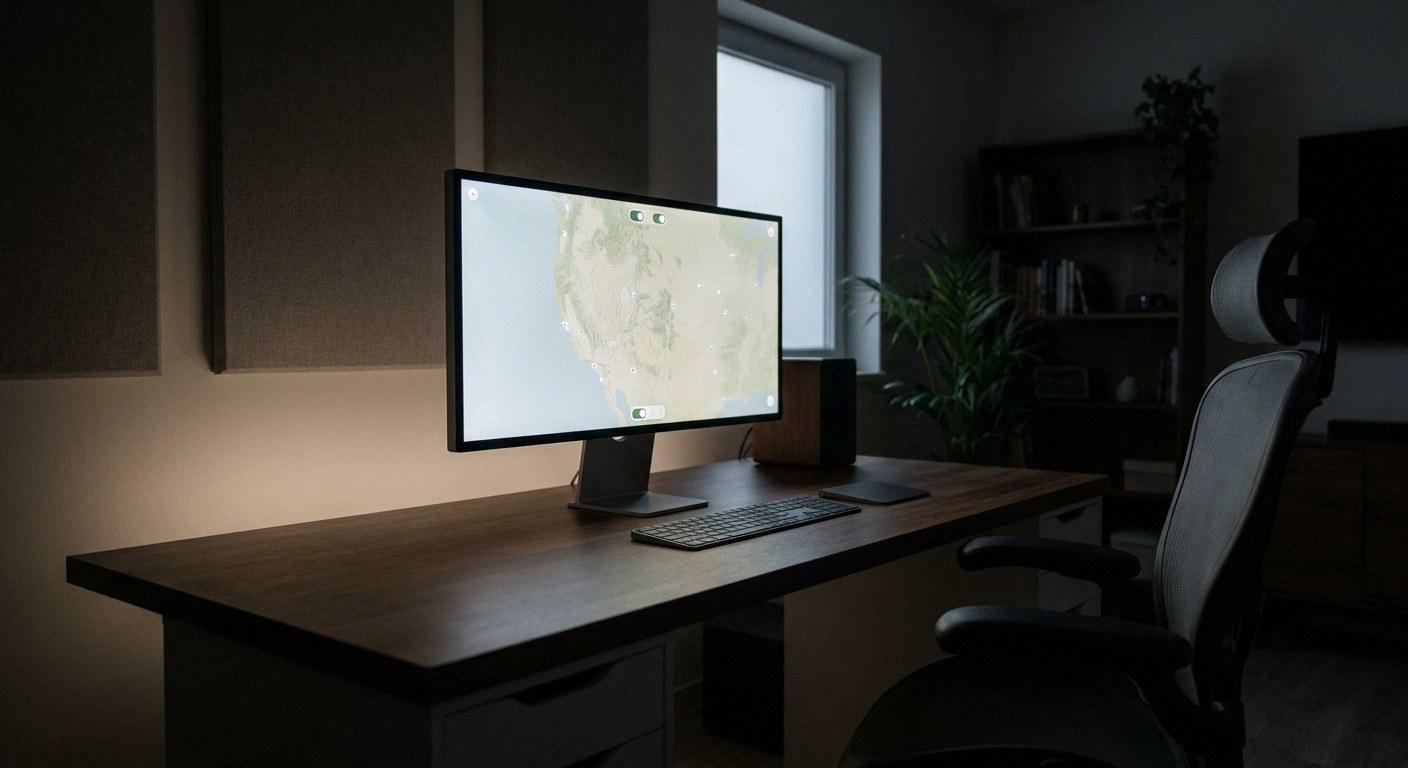 Wide context view establishing a modern, dimly lit gaming room setting at a broad scale with balanced negative space