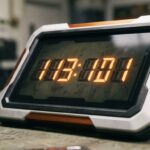 A futuristic digital timer with a white and orange metallic frame sits on a workbench. The screen displays glowing