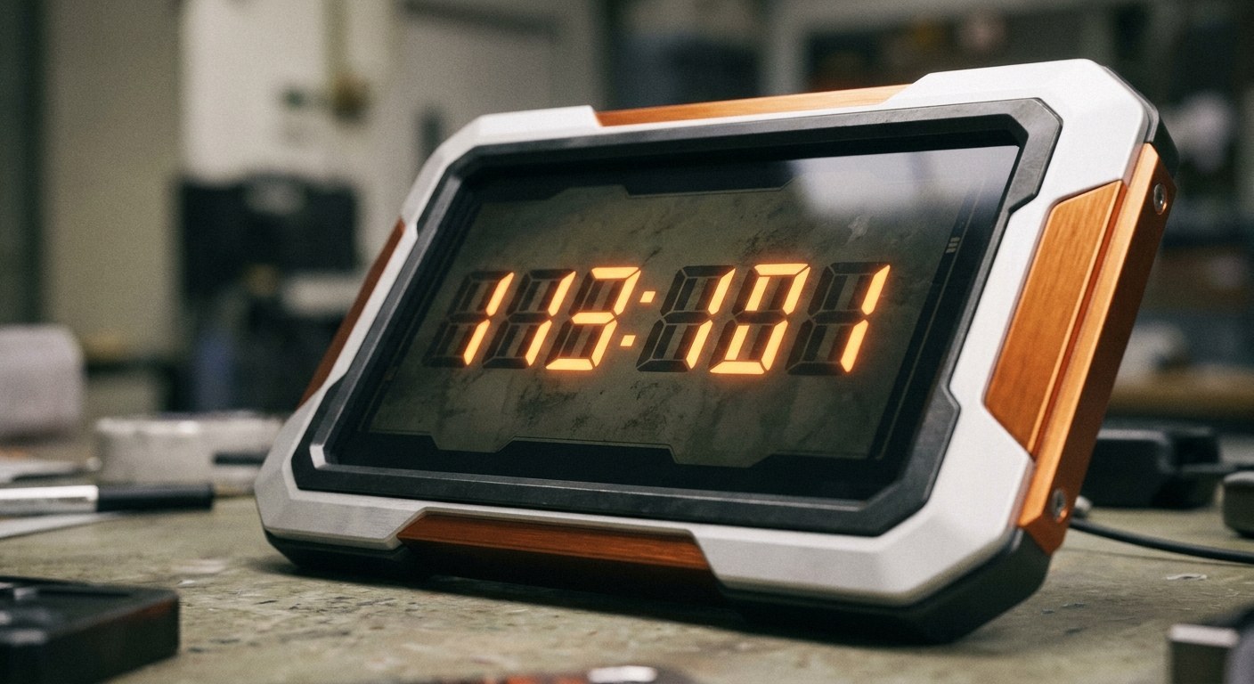 A futuristic digital timer with a white and orange metallic frame sits on a workbench. The screen displays glowing