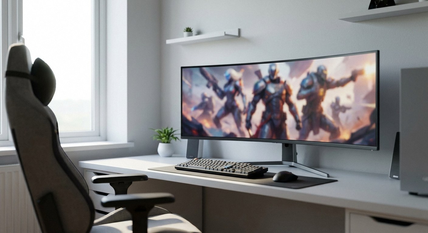 Modern desk setup with ultrawide monitor showing blurred sci-fi characters. Includes gaming chair, keyboard, mouse, and