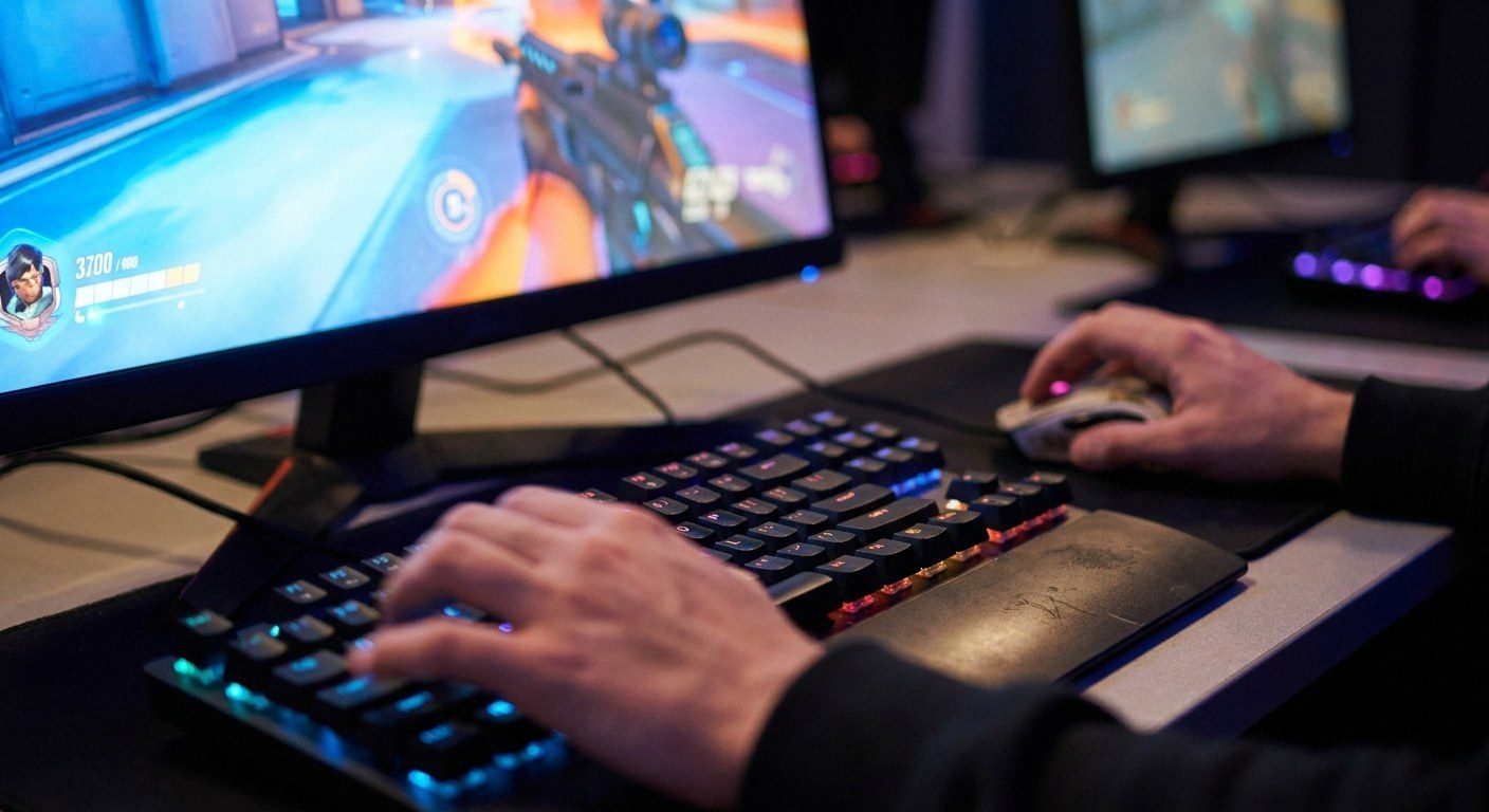 process/action: extreme close-up of a player's hands rapidly executing commands on a glowing mechanical keyboard and